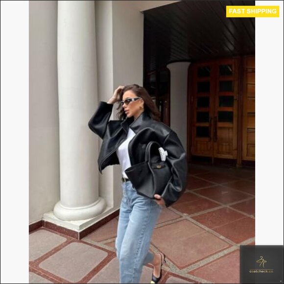 Oversized Faux Leather Bomber Jacket Women's Motorcycle Style Long Sleeve - Picture 2 of 6